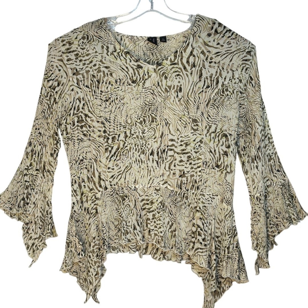 Milano Series Blouse Womens XL Brown Abstract Animal Print Bell Sleeve Sharkbite